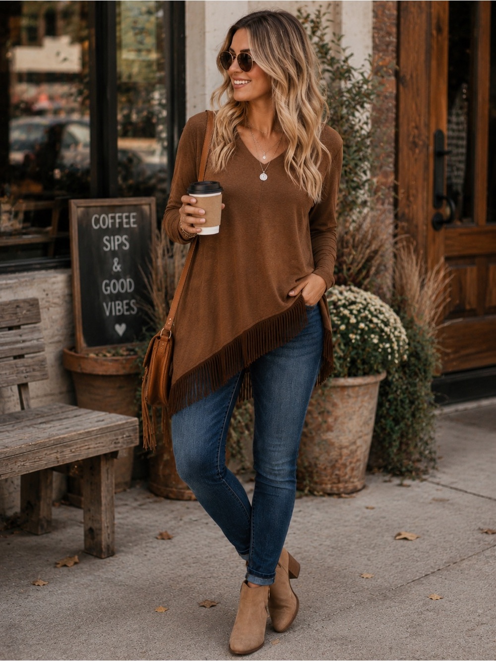 Chico’s Sz 2 Brown Fringe Tunic Top V-Neck Asymmetrical Boho Western Long Sleeve